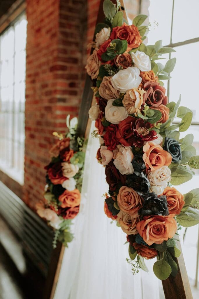 Flower Display at wedding at a historic Nashville wedding venue Room With A View.