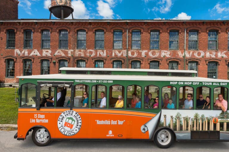 Nashville Trolly outside of Nashville wedding venue Room With A View.